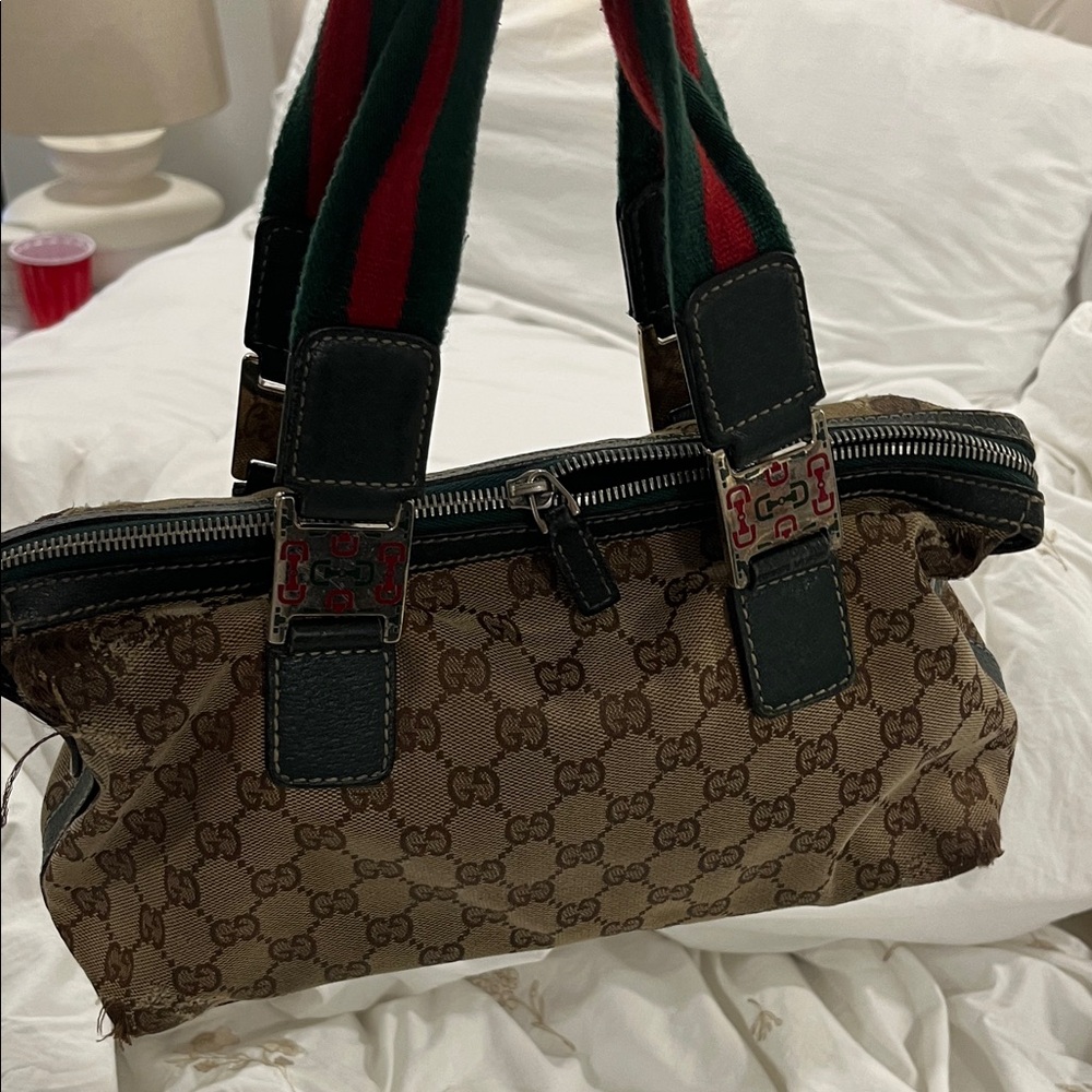 Gucci Beige and Green Monogram Tote - Picture 6 of 7